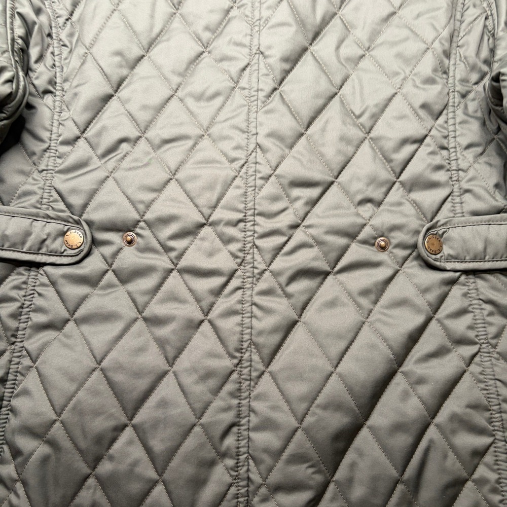 LL Bean Quilted Riding Jacket Women Large Olive Green Plaid Lined Snap Barn Coat - Picture 10 of 14